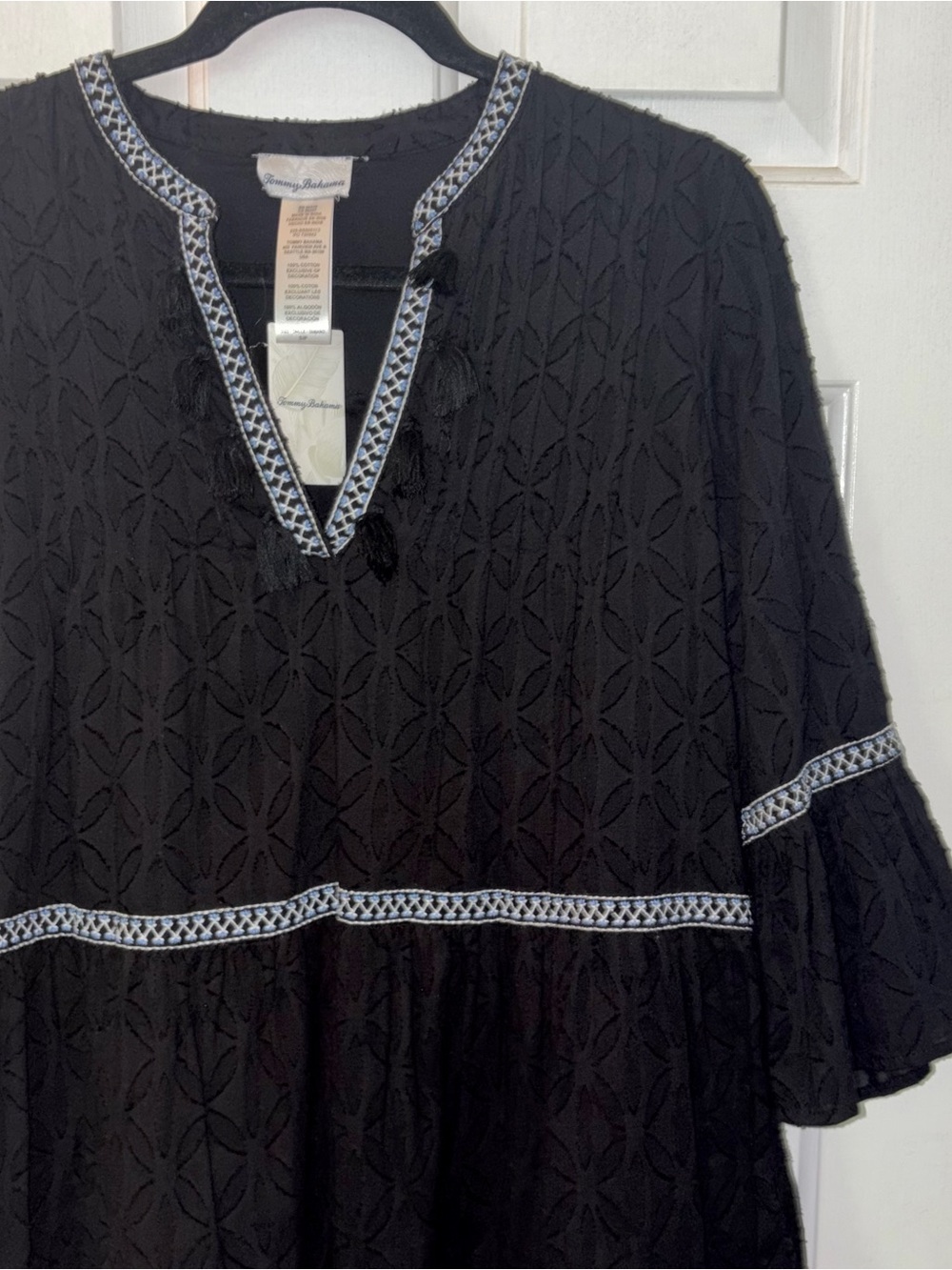 Tommy Bahama NWT Black Embroidered tassel v- neck cotton tunic dress - Picture 3 of 6